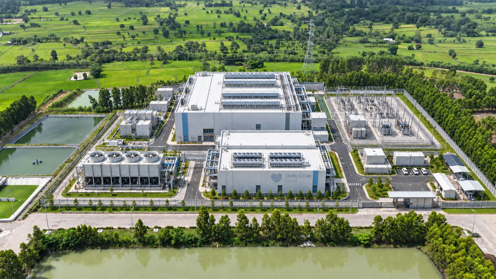 ภาพจำลองแนวคิด AI Datacenter ของ Ruk-Com ท่ามกลางพื้นที่สีเขียวในประเทศไทย