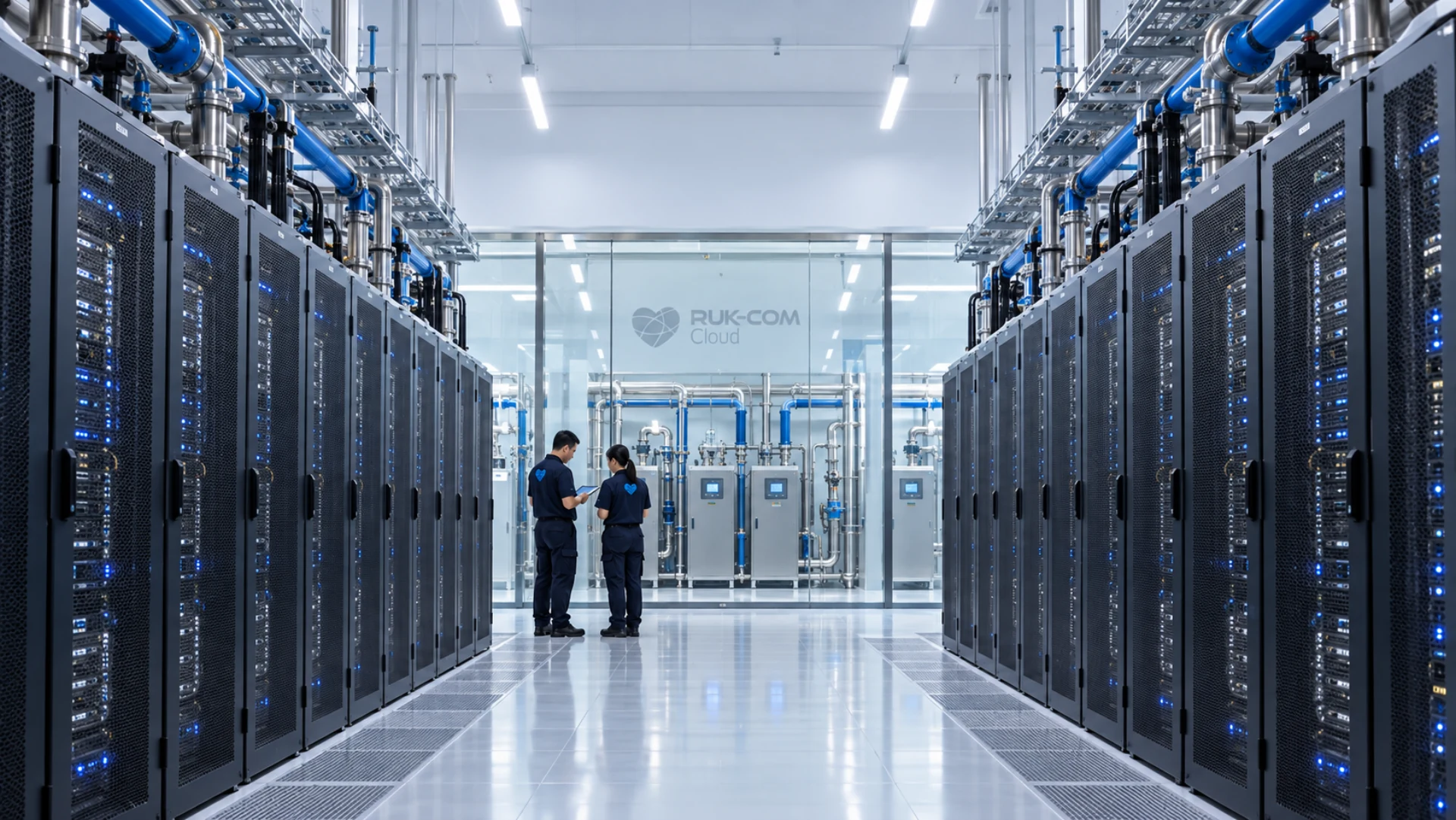 ภาพจำลองภายใน Data Hall พร้อมระบบ Liquid Cooling และทีม Ruk-Com